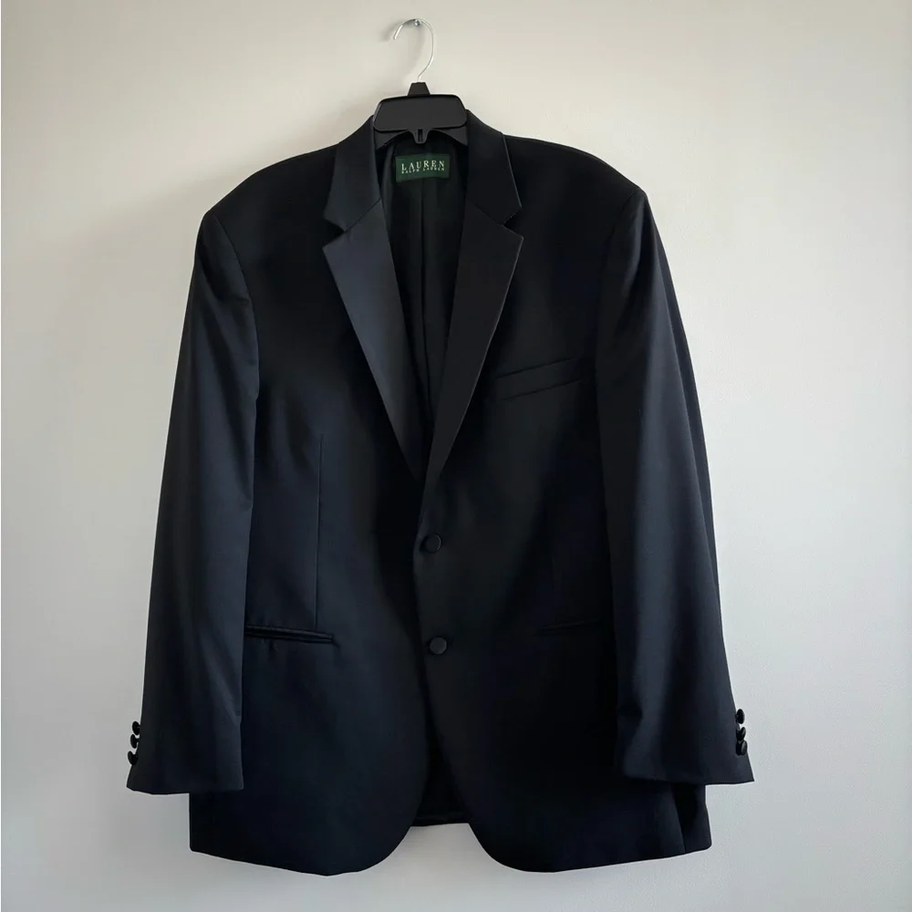 VTG Men's Lauren Ralph Lauren Blazer Black Super 120s Wool Satin 2 Button 44R